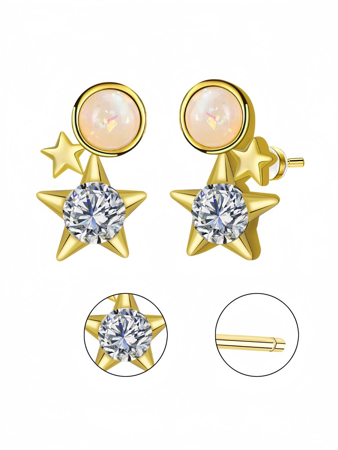 Double Glow Star Ring · Gold Sequence | Original Niche Star Opal Earrings, 925 Sterling Silver Needle Luxury Studs, Daily Essential Lucky Charm Accessory, Perfect for Valentine’s & Birthday Gifts