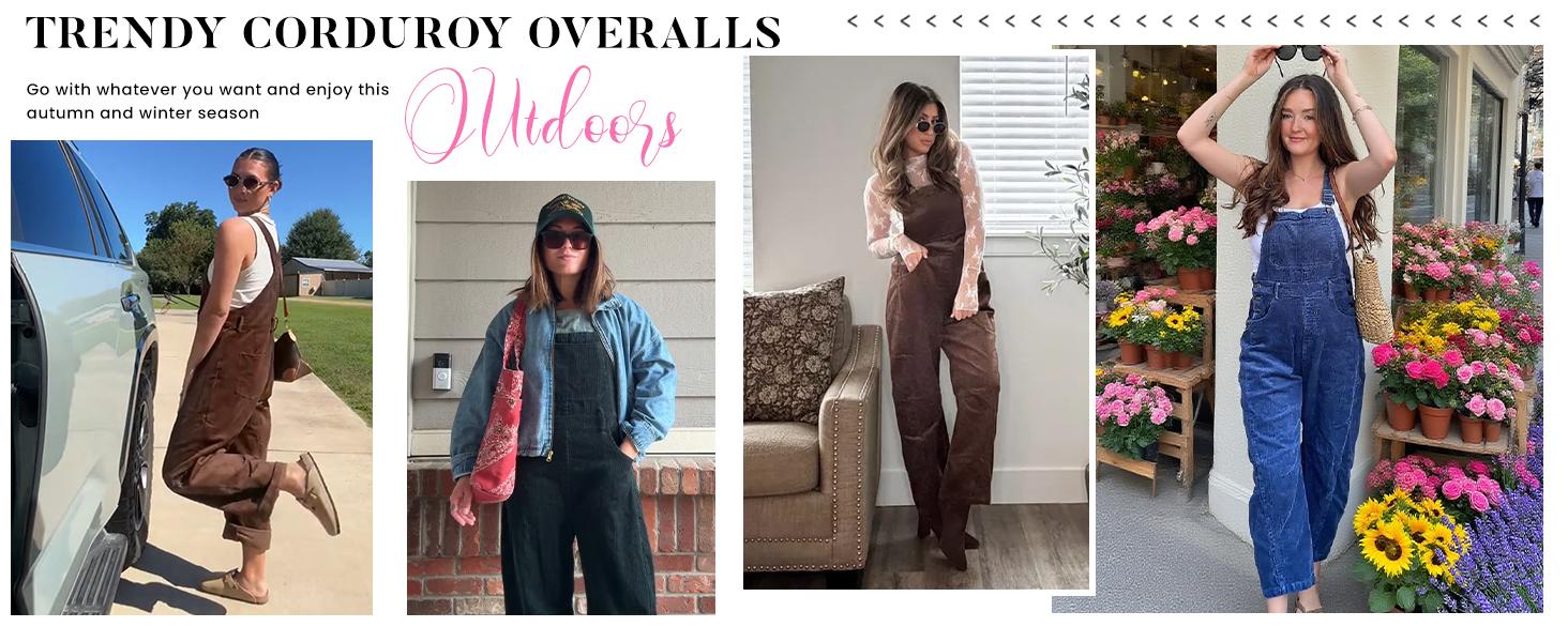 Buenoble Fall Corduroy Overalls for Women Barrel Wide Leg Bib Corduroy Pants Adjustable Romper Jumpsuit with Pockets