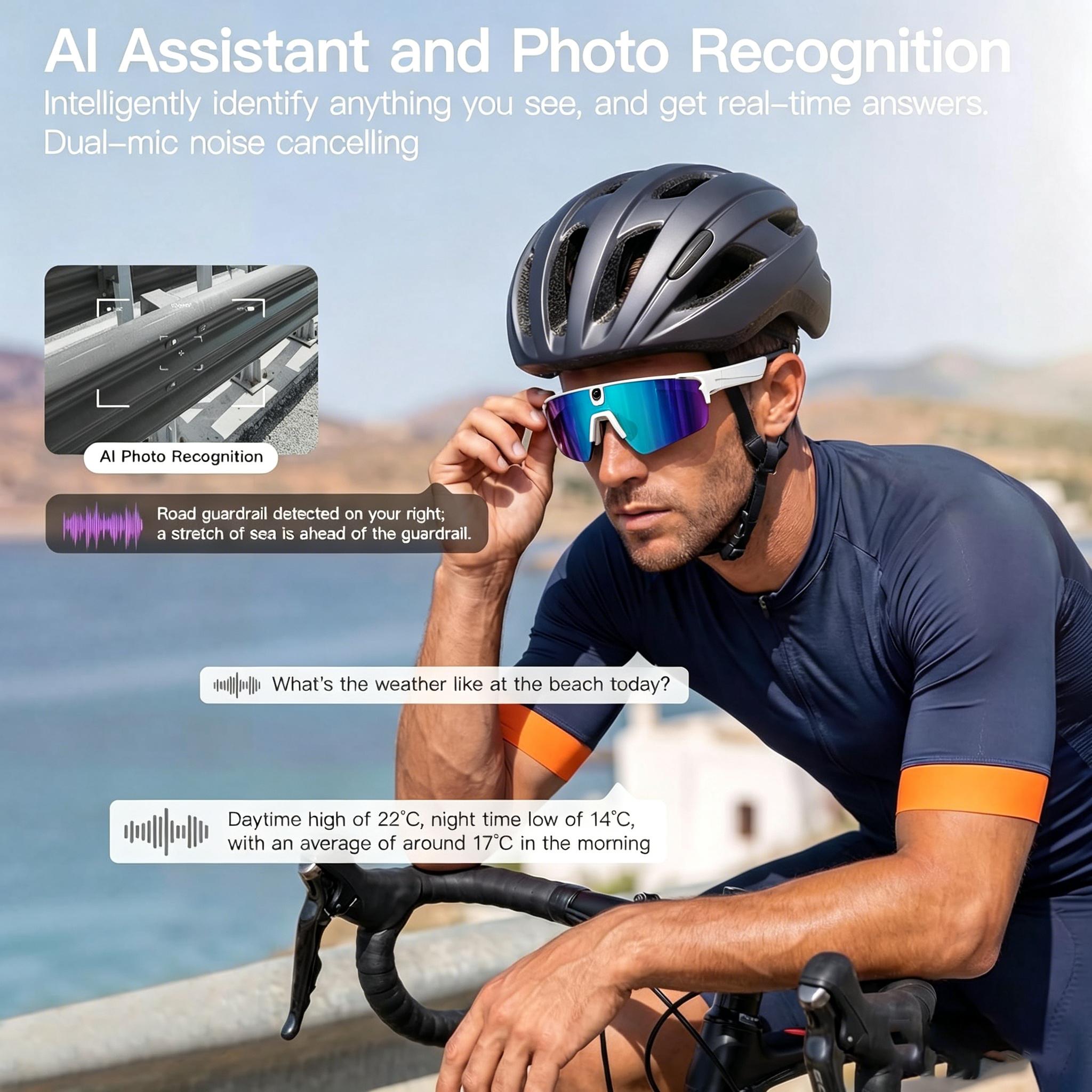 AI Smart Cycling Glasses with 8mp Hd Camera Six-jewel Gyroscope Image Stabilization Dual Microphone Noise Reduction Ip66 Waterproof And Sweatproof 90% Uv Protection Long-lasting Magnetic Charging Outdoor Cycling Sports Smart Glasses