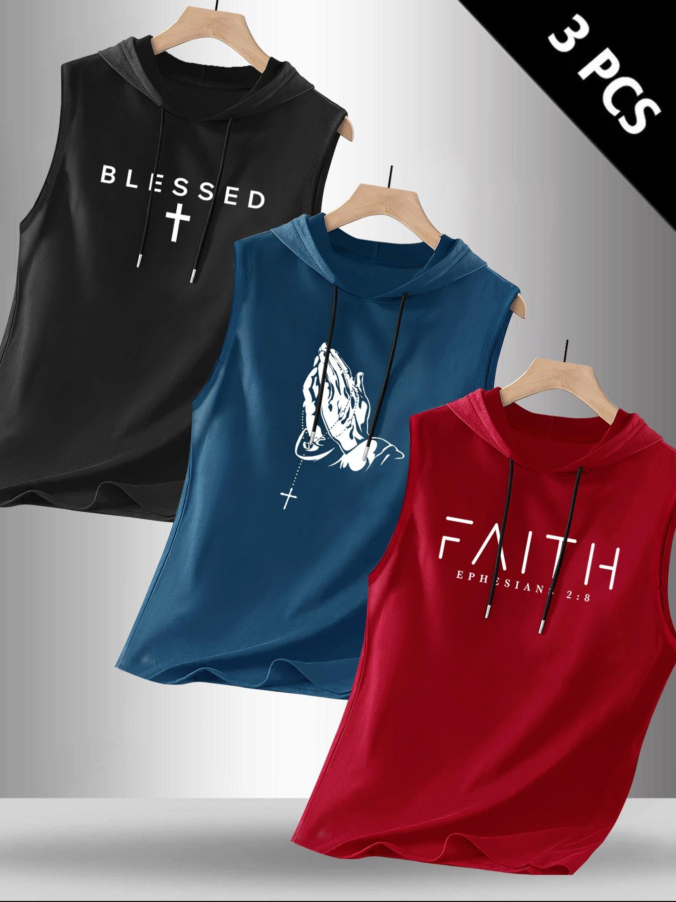Men's 3-Pack Christian Faith Sleeveless Hooded Tank Tops, Blessed Cross Praying Hands Print Workout Vests, Religious Streetwear #ChristianApparel #FaithWear #MensGymWear #SleevelessHoodie #TikTokMadeMeBuyIt