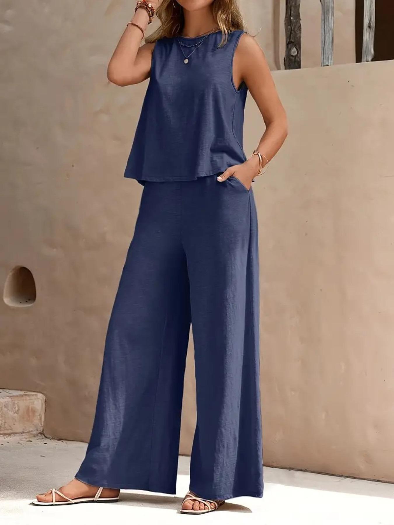 Elegant Two-Piece Set for Women, Womenswear Round Neck Vest & Wide-Leg Pants, Perfect for Casual Wear, Stylish for Daily Use Elegant Two-Piece Set for Women, Womenswear Round Neck Vest & Wide-Leg Pants, Perfect for Casual Wear, Stylish for Daily Use