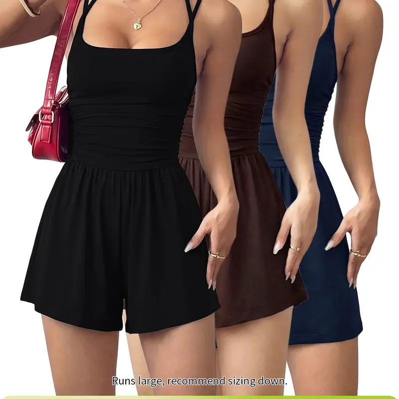 1/3pcs Women's Solid Color Basic Adjustable Romper, Casual Fashion Romper for Summer, Women's Clothes for Daily Wear, Easy To Care for, Daily Versatility