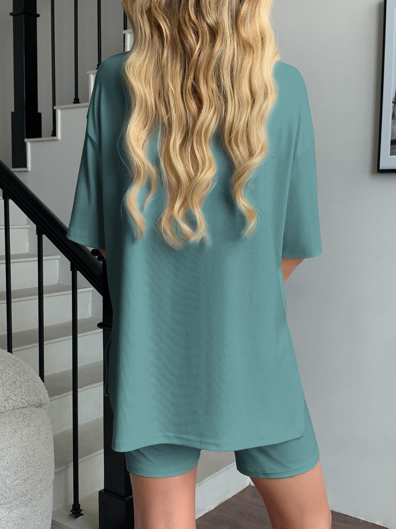 Women's Two Piece Lounge Set Matching, 2026 Summer Casual Basic Oversized Shirts & Biker Shorts, Fitted Plain Design, Perfect for Airport Travel Womenswear Clothes