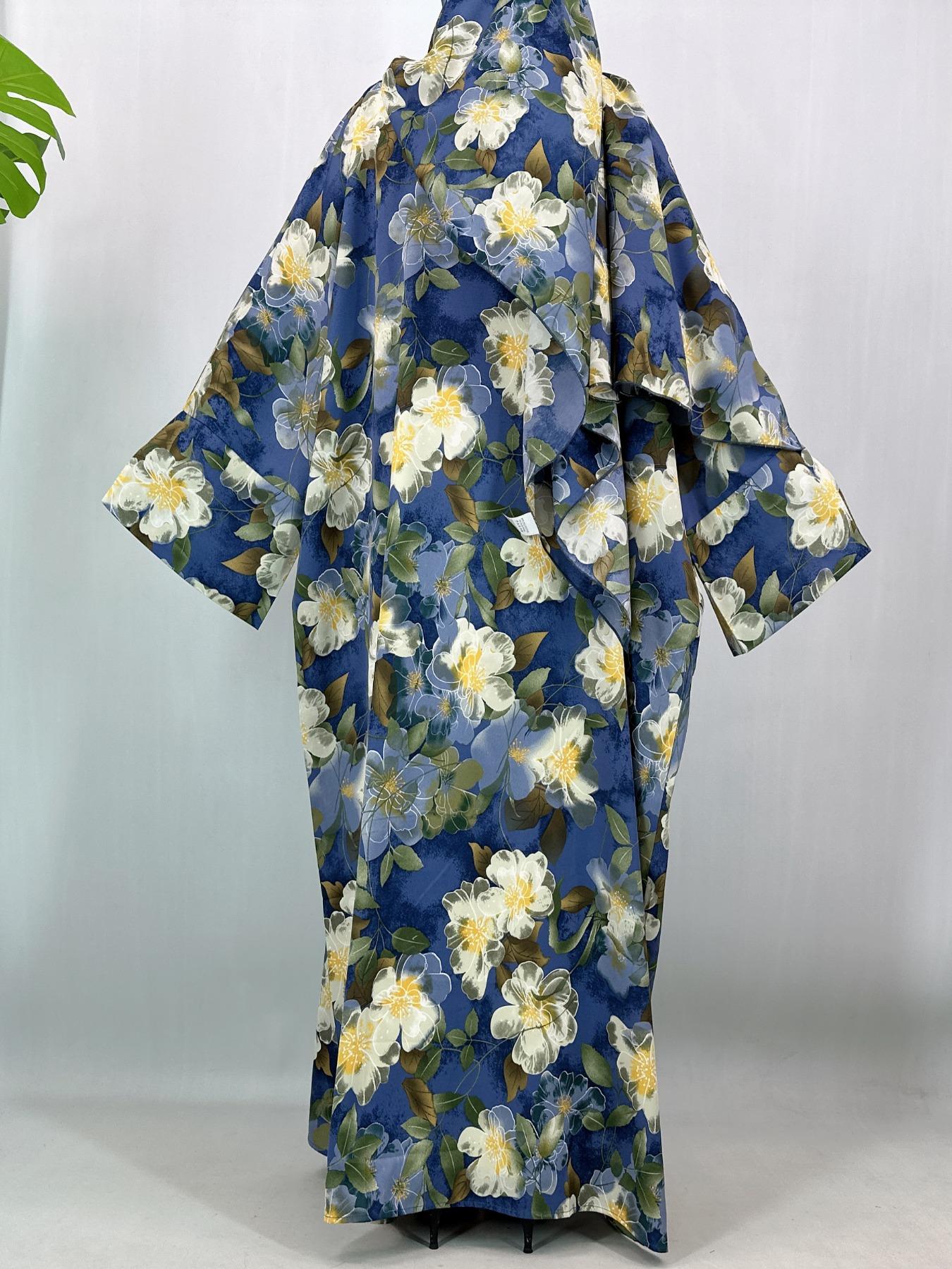 [Includes Hijab] Women's Art Print Batwing Sleeve Long Robe Set with Headscarf, Loose-Fitting Vacation Style Cardigan with Pockets, Fall & Winter Fashion Open Front Abaya