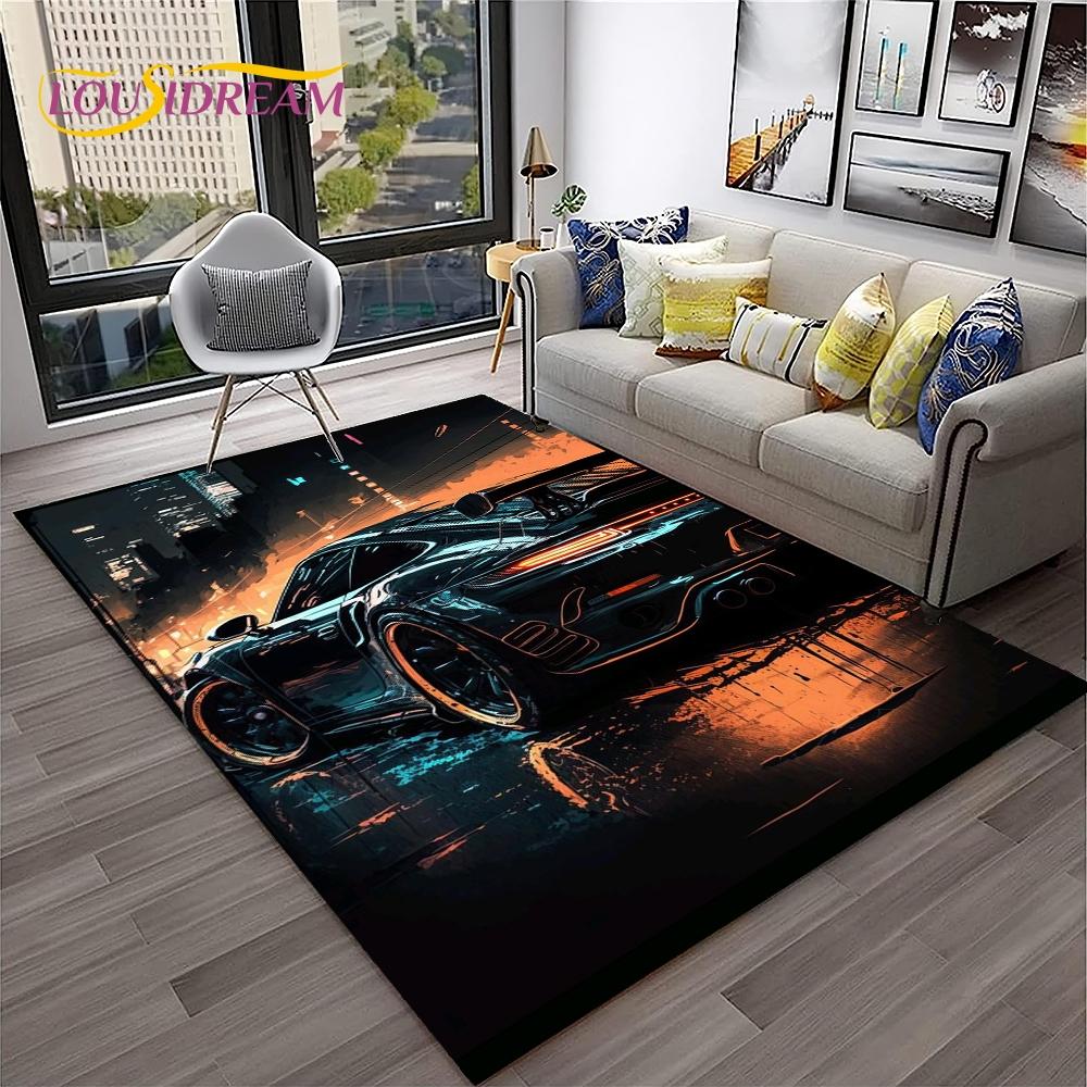 Blue Sports Car Flannel Area Rug - Cool Graffiti Style Supercar Print Soft Mat for Living Room & Garage, Non-Slip Car Enthusiast Home Decor#SportsCarRug #GraffitiSupercarMat #CarEnthusiastDecor #GarageCarpet #NonSlipFlannelRug