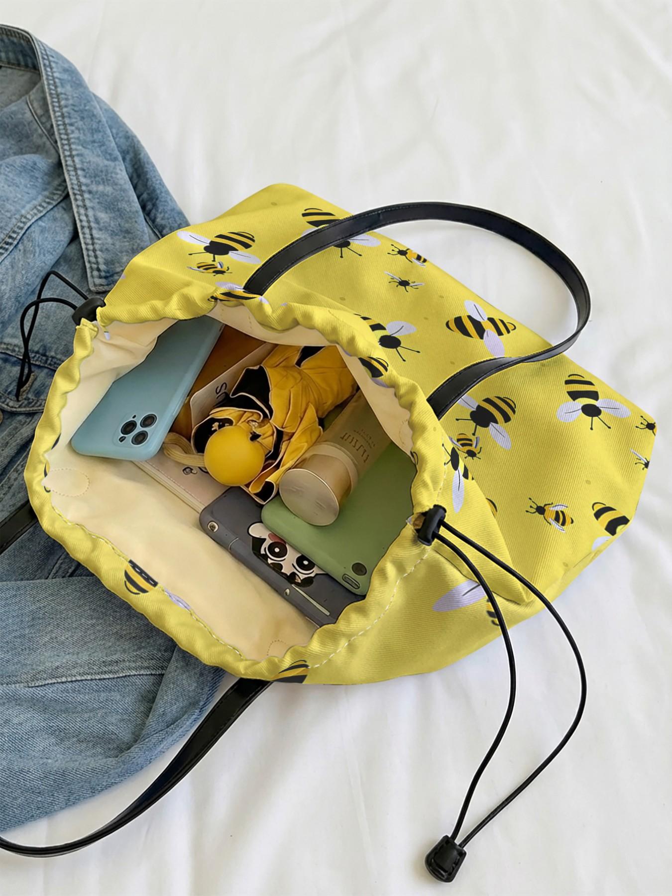 Bee Pattern 2D Printed Drawstring Tote Bag, Large Capacity Shopping Bag, Durable All Season Use, Ideal for Work, Shopping, Picnic, Fashionable Shopping Bag