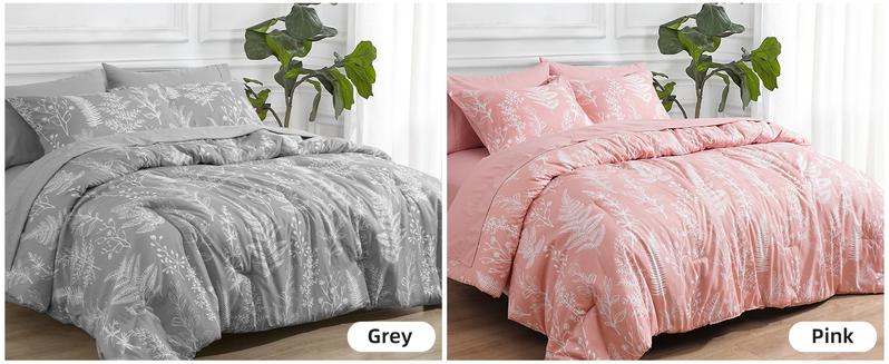 PHF 3/7 counts/set Comforter Set, Reversible Botanical Bedding Set Include Comforter, Pillow Shams, Flat Sheet, Fitted Sheet and Pillowcases