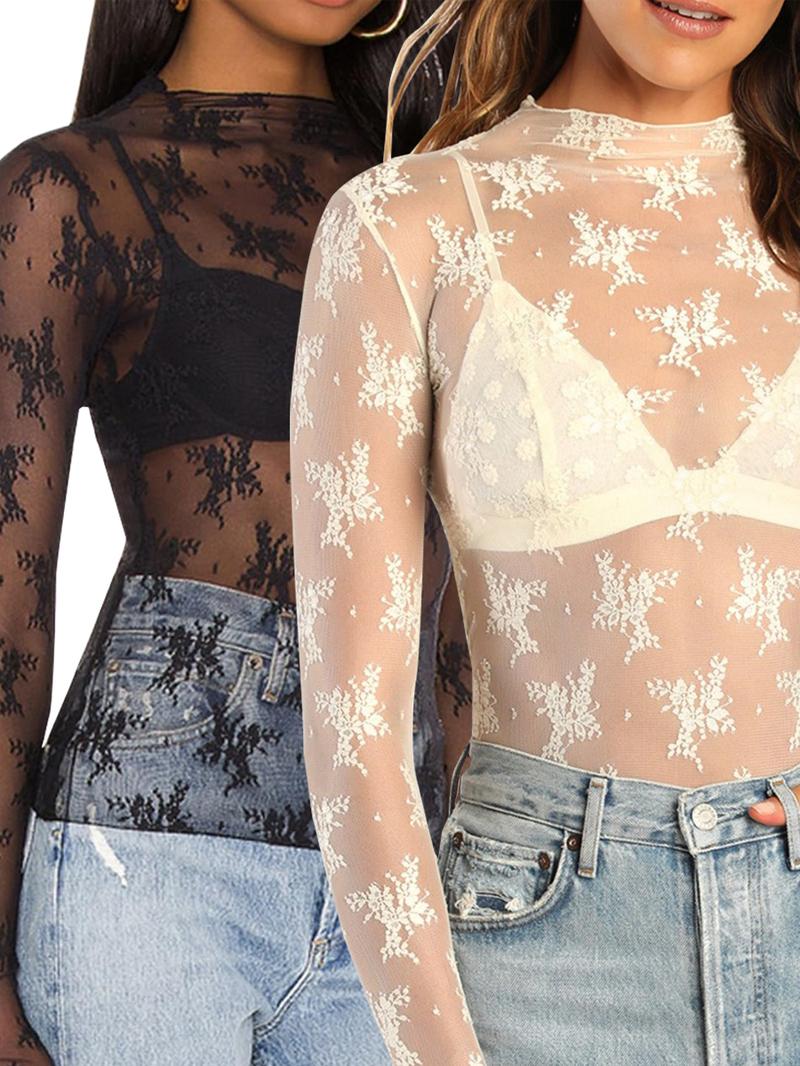 Women's Floral Layering Lace Tops With Thumb Hole, Mesh See Through Slim Shirt All Seasons, Micro Elasticity Long Sleeve Mock Neck Sxy Style