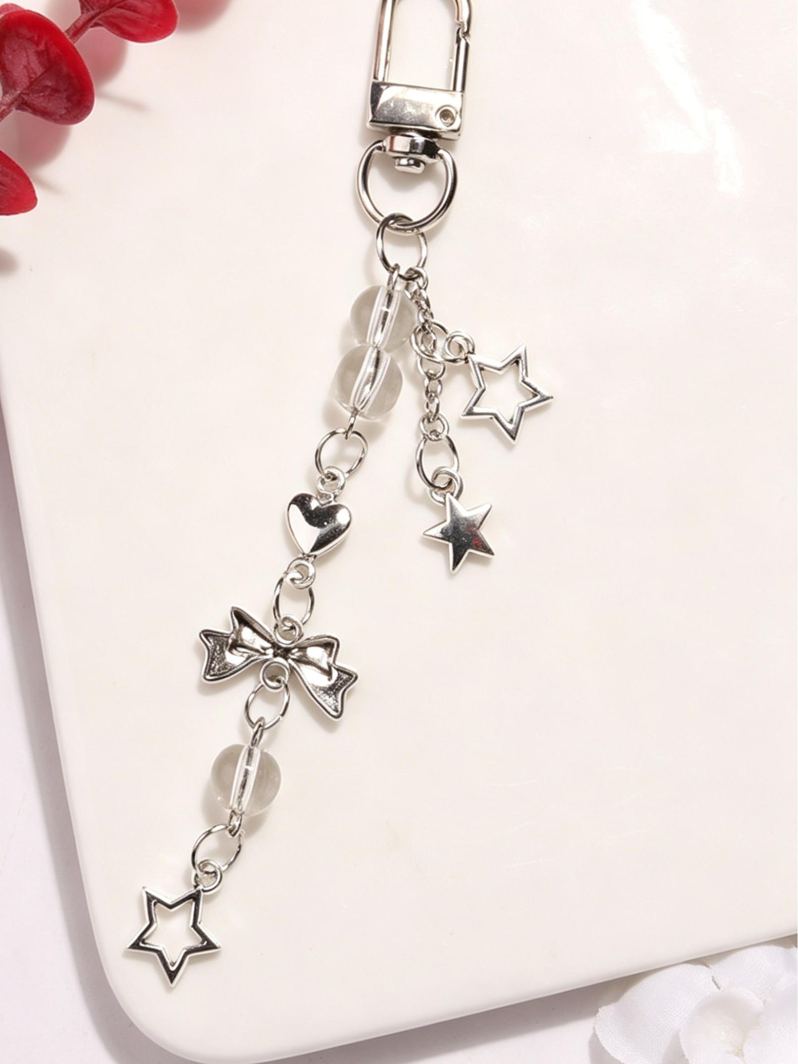 Sweet Bow Phone Chain, Heart Star Metal Keychain, Bag Pendant, Crystal Fringe Charm, Simple Multi-Functional Accessory