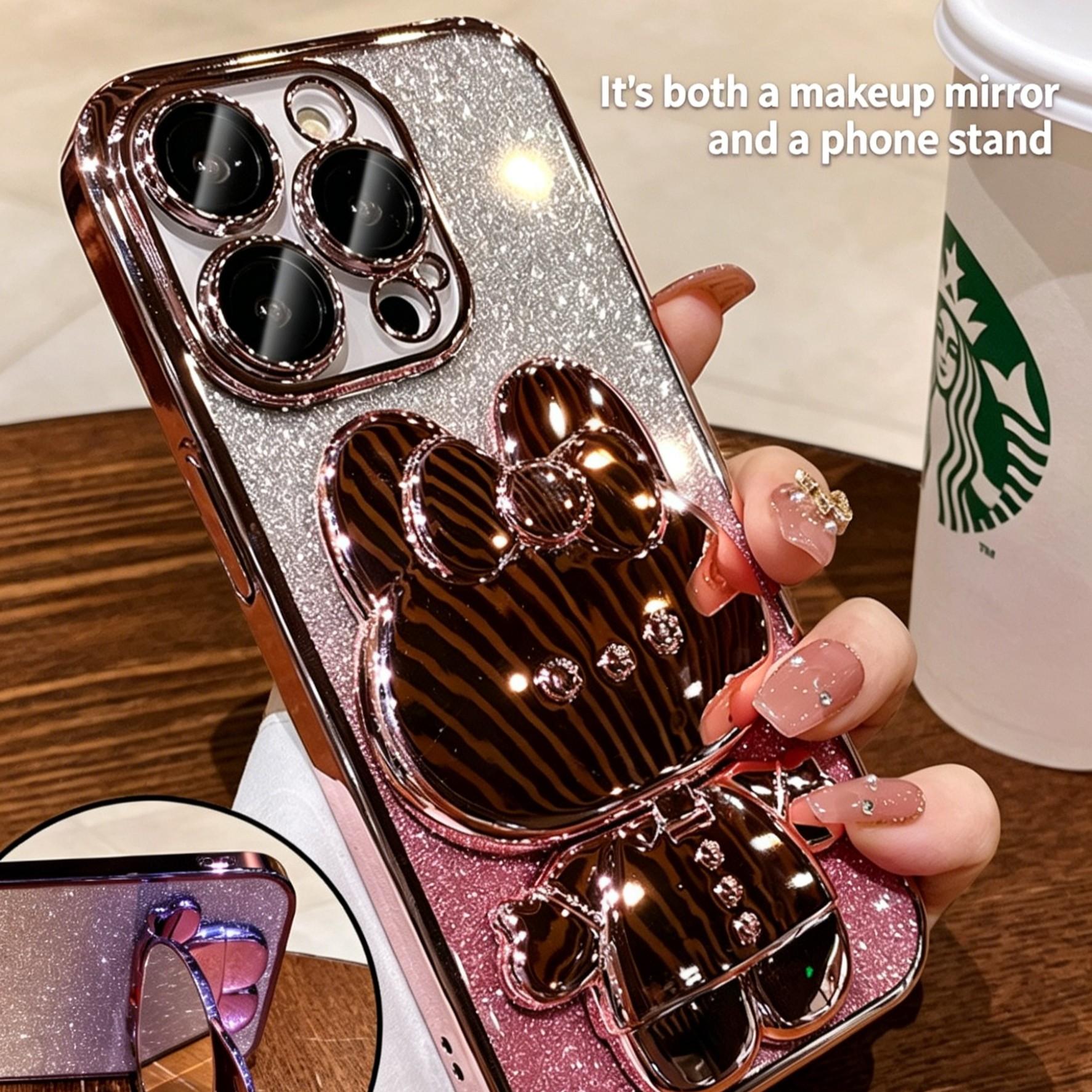 Glitter Bunny Phone Case with Stand & Mirror for iPhone 17 | Cute Silicone Protective Cover | Sparkly Bling Rabbit Case with Kickstand