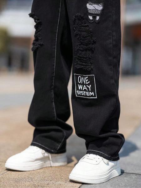 Men's Black Ripped Patched Wide-Leg Denim Jeans, Personalized Patches + Trendy Rips, a Must-Have for Street Trendsetters!
