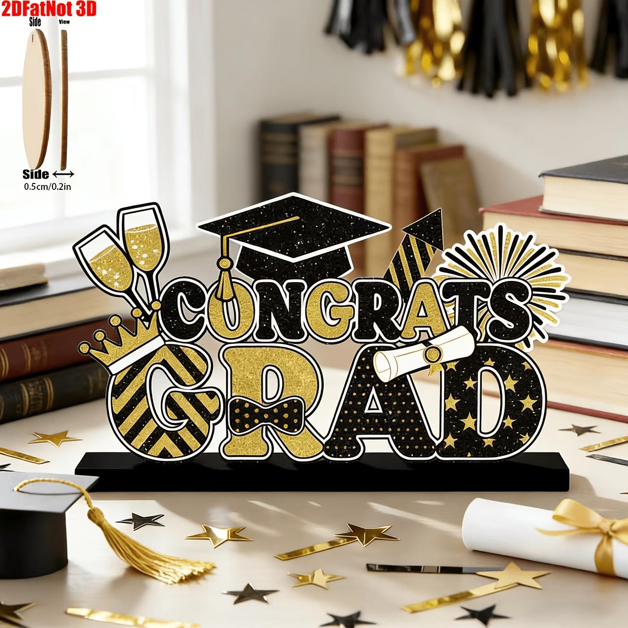 2D Graduation Table Sign, and, Wooden Base, Centerpiece Decor, Suitable for Desk Shelf, Fireplace Shelf, Party Supplies