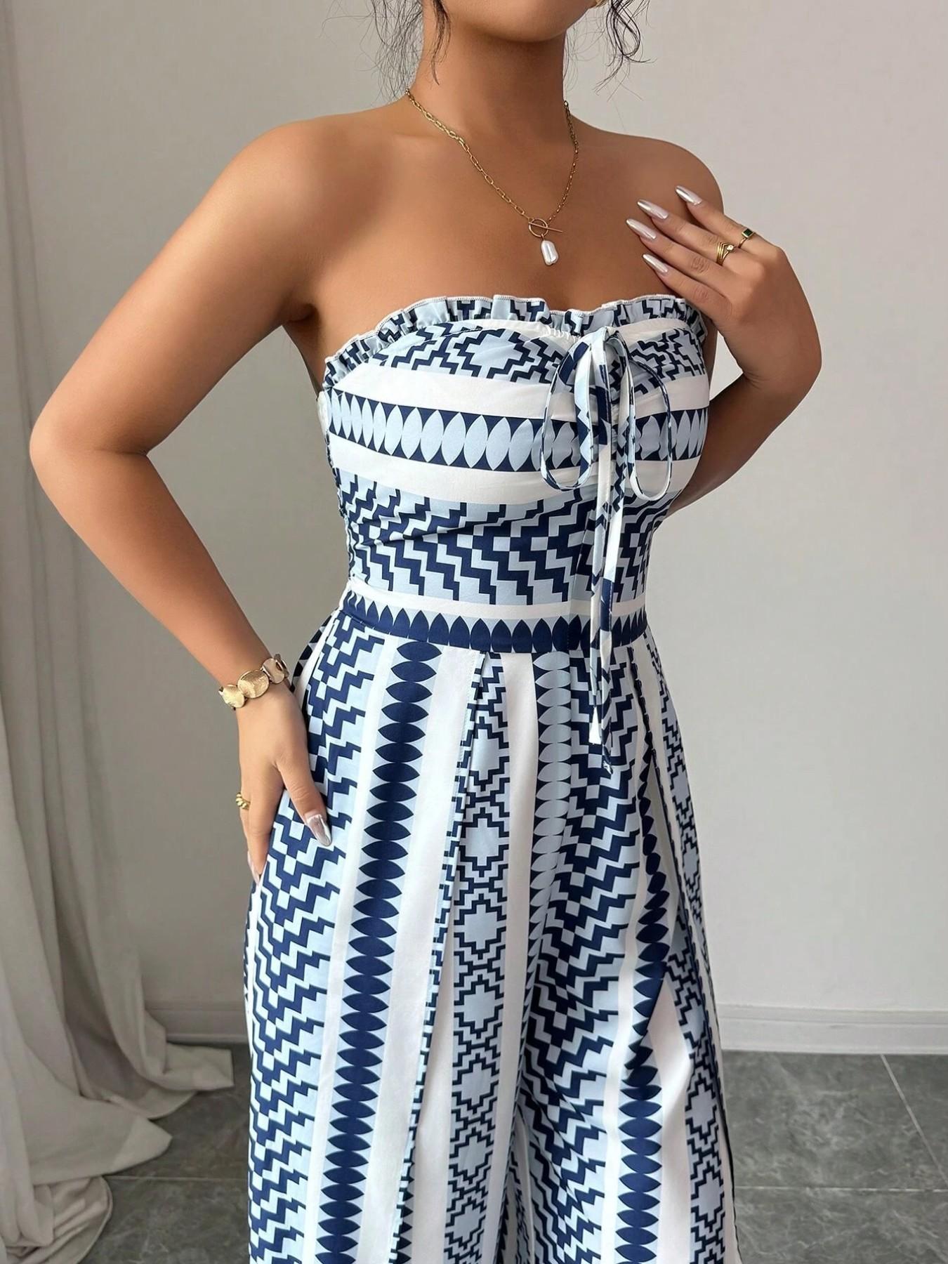 Breathable Geometric Print Jumpsuit, Halter Neck Sleeveless, High Elastic Back Design, Wide Leg Side Slit Pants, Beach Vacation Commute Date