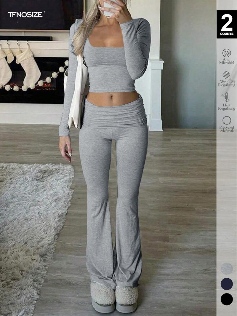 Women's 2-Piece Loungewear Set, Sexy Slim Fit, All-Season Comfort, Moderate Fabric, Ideal for Daily & Fitness, Plain Style