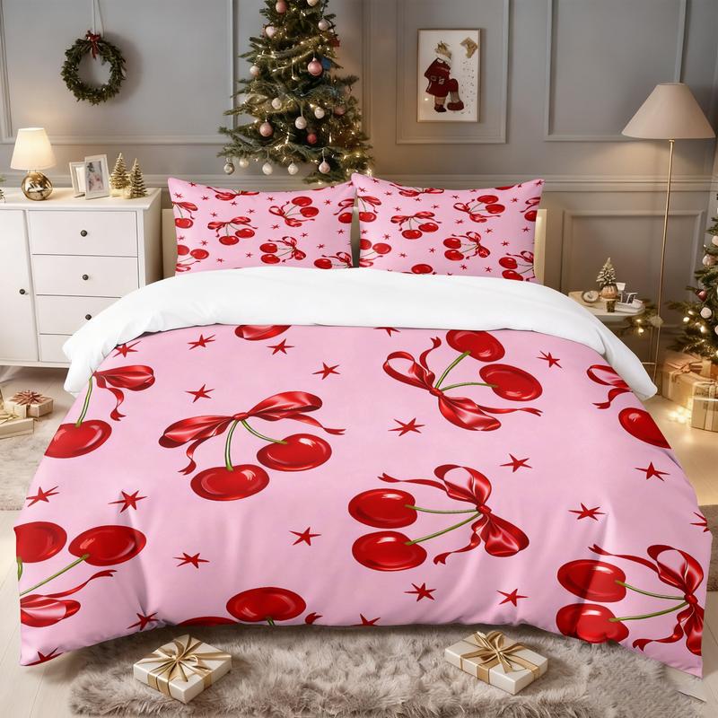 Pink cherry and bow print bedding set, cover and pillowcase combination, suitable for family bedrooms and hotels, Soft Bedding Set