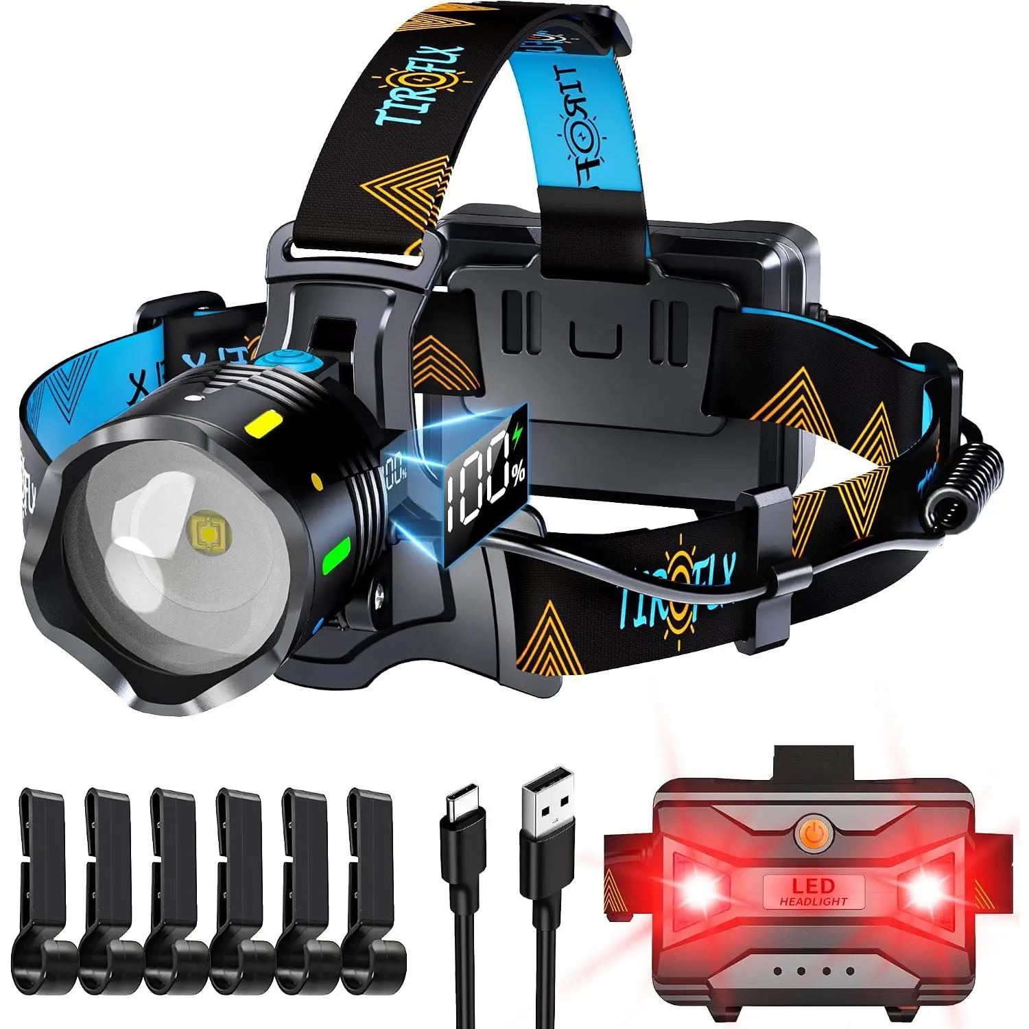 12 Modes 210000 Lux Headlamp Motion Sensor Red  Adjustable Focus ,  Than 30Dys Standby  Lamp, IP65  and 125° Angle for Camping Outdoor Hardhat