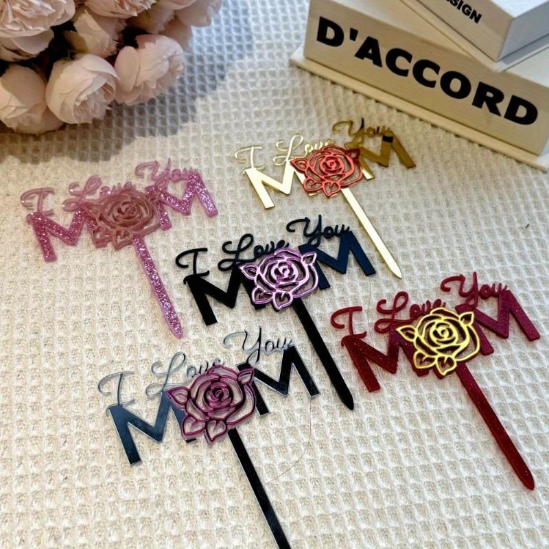1pc Mother's Day Women's Day Acrylic Cake Topper with Roses, "I Love You Mom" Cake Decoration, Cake Decorating Supplies, Perfect for DIY Baking & Special Occasions, Wedding Cake Topper