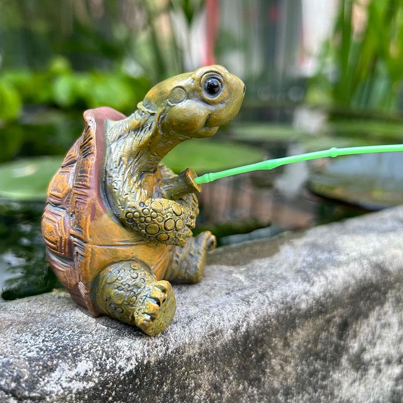 Cute Fishing Turtle Figurine, Outdoor Garden Pond Decor, Yard Balcony Plant Ornament, Adorable Water Pool Decoration