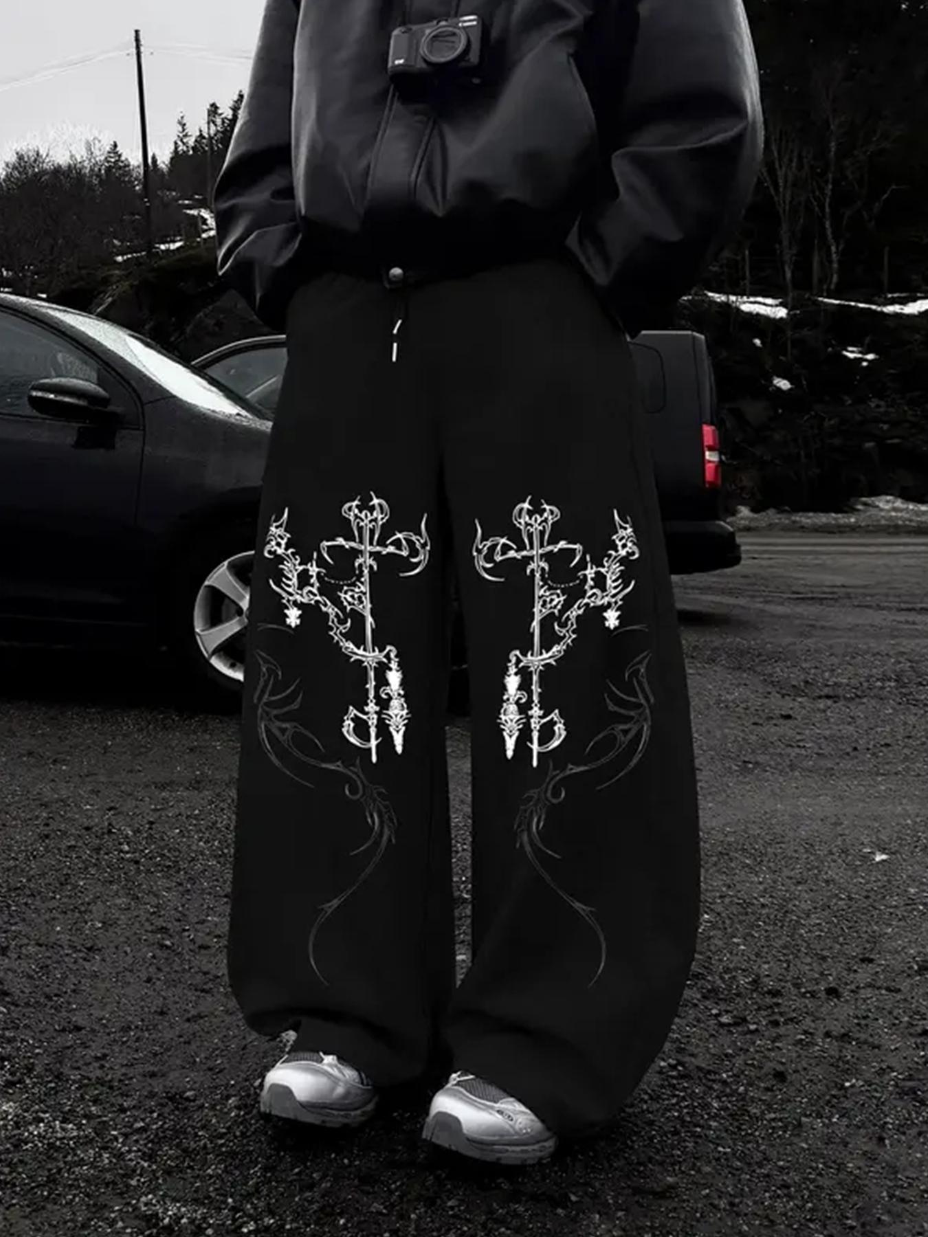 Baggy Y2K Grunge Graphic Drawstring Waist Jeans - Oversized Black 