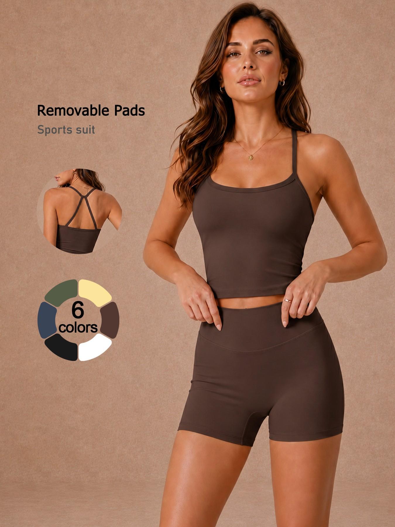 Women's 2 Piece Sports Set Solid Color Spaghetti Strap Cami Top Shorts Removable Padded Buttery Soft Breathable High Elastic Butt Lifting Tummy Control Open Back Pilates Yoga Set Gym Cool Comfortable Running Cycling Women's Fitness Set