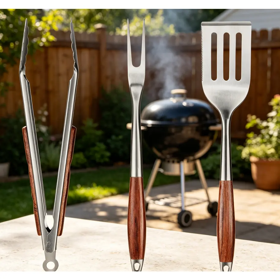 3-Piece BBQ Tools Set – Heavy Duty Stainless Steel Spatula, Fork & Tongs with Rosewood Handles, Heat Resistant Grill Utensils for Cooking