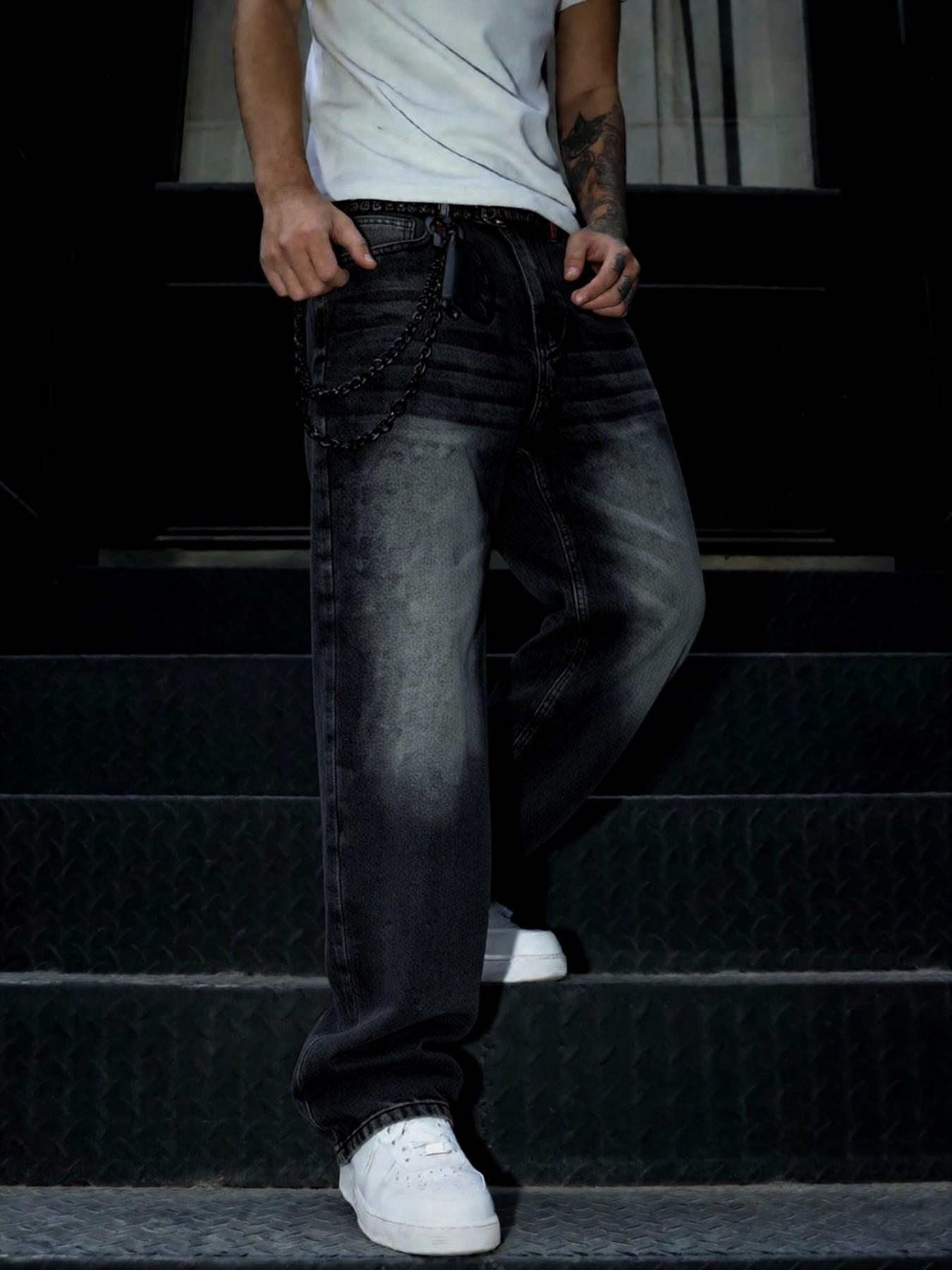 Men's Washed Loose Straight Leg Denim Jeans, Y2K Casual Streetwear, All Seasons, Moderate Fit, Perfect Gift for Husband or Boyfriend