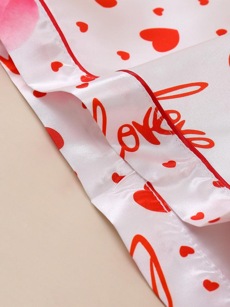 Women's Floral Heart Pattern Two-Piece Sleepwear Set, Button Front Short Sleeve Top and Elastic Shorts, Valentine's Day Elegant Homeewear