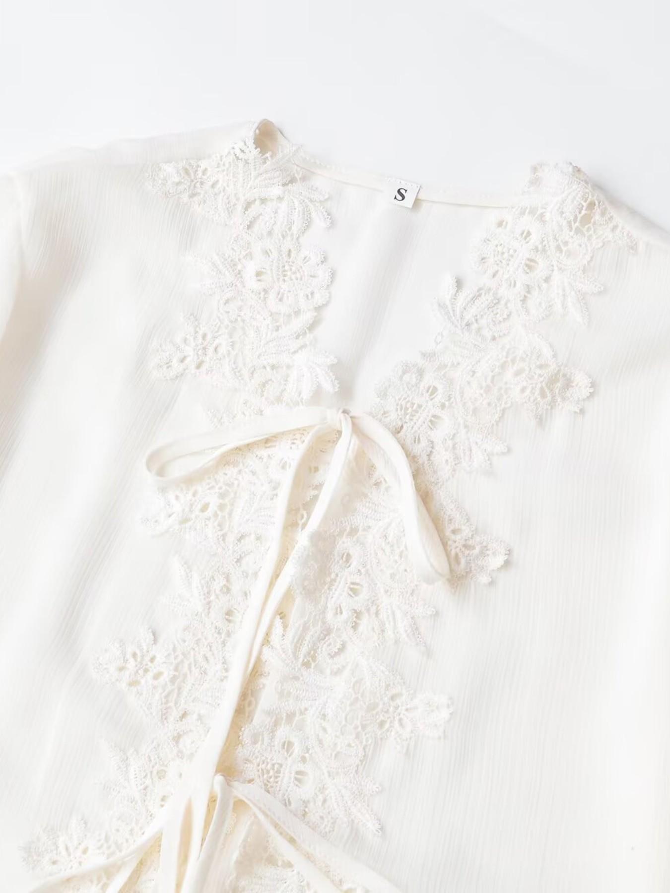 Elegant French Lace Chiffon Loose Top Blouses, Drawstring Ruffle, Deep V Neck, Beach Vacation Overshirt, Floral Embellished, Rice