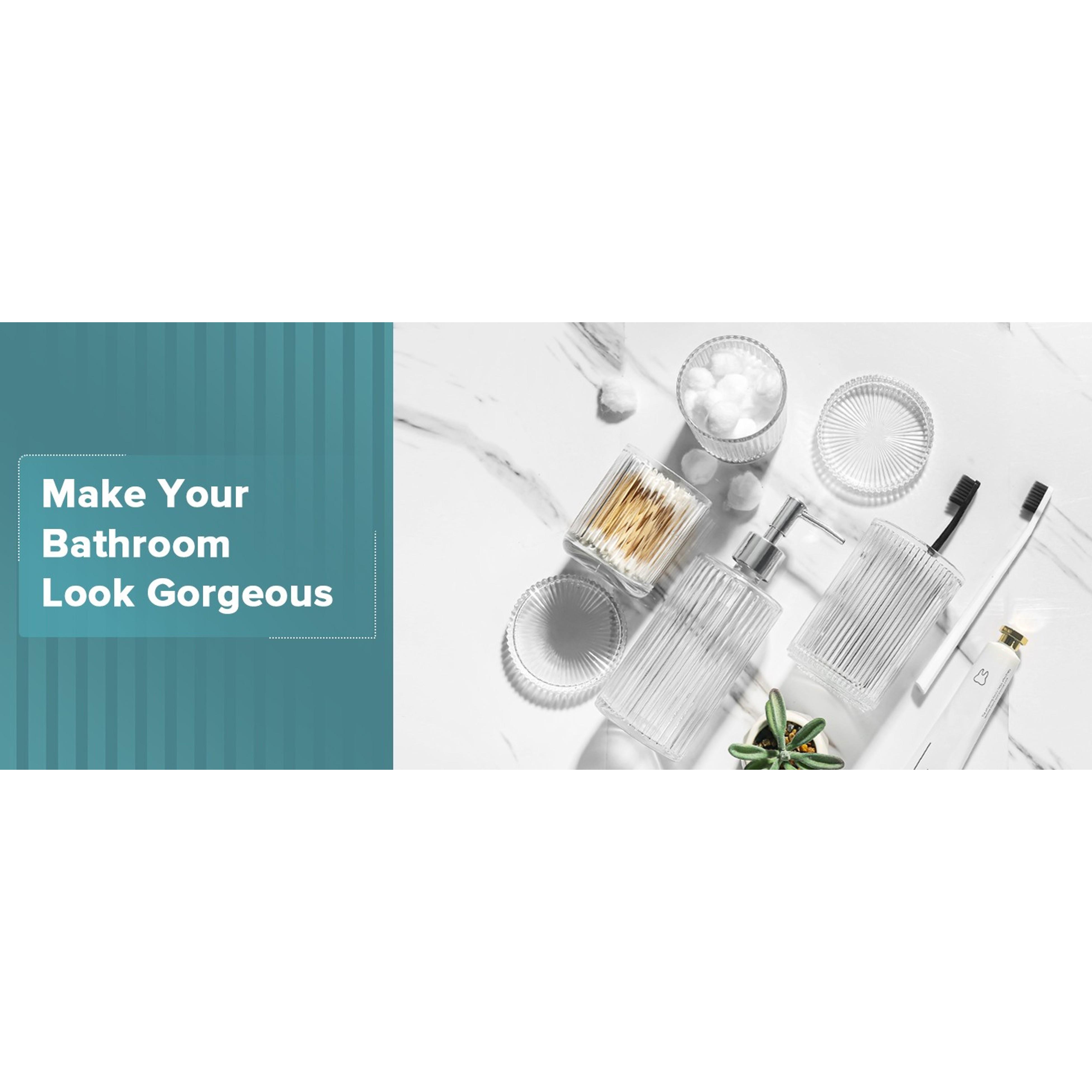 4-Piece Ribbed Glass Bathroom Accessory Set - Silver Modern Counter Decor with Soap Dispenser, Toothbrush Holder, and 2 Qtip Holders, Four Pieces
