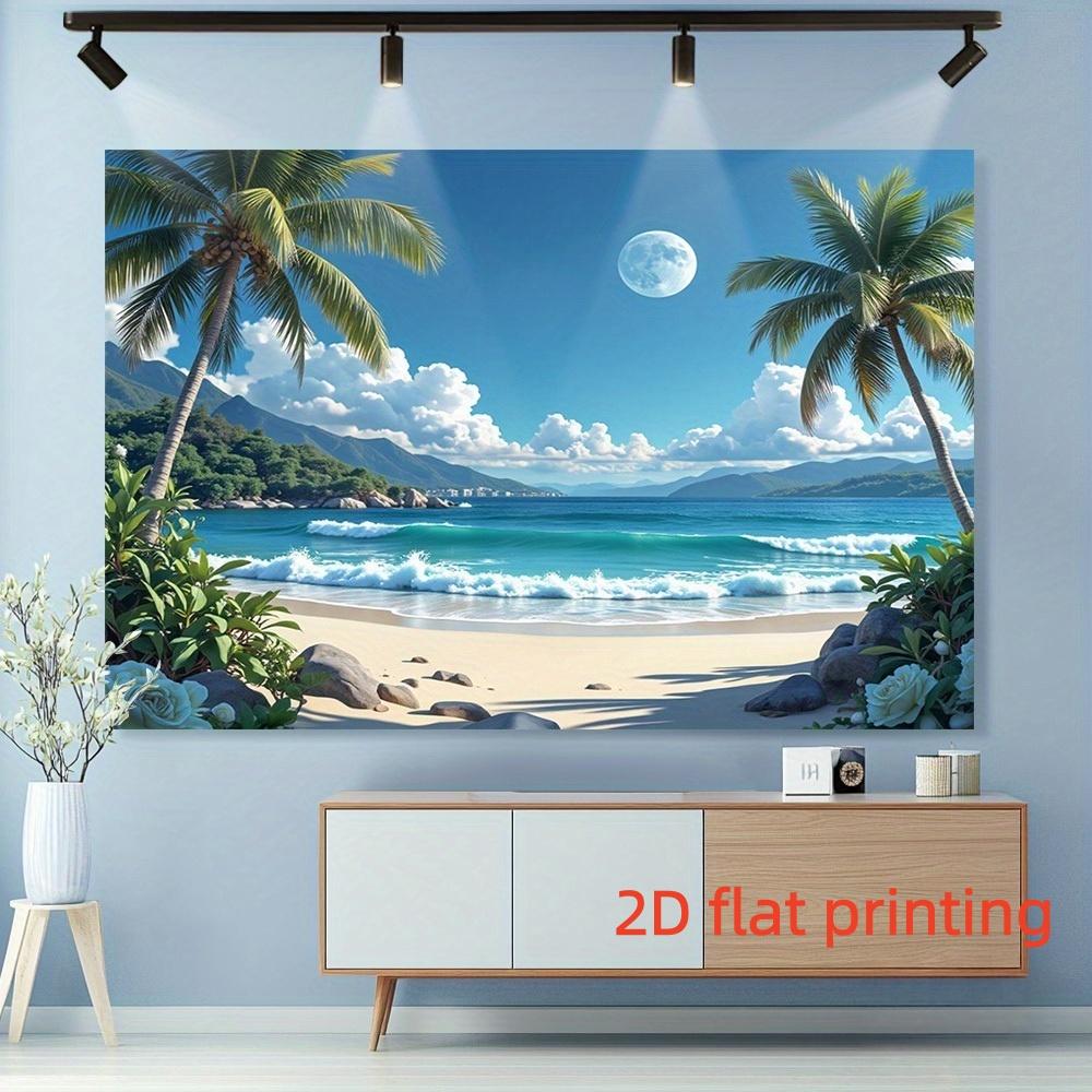 2D Flat Seaside Background Decoration Supplies, 1 PC Hawaiian Beach Scene Hanging Cloth - Tropical Party Banner with Palm Trees, Waves and Full Moon, Perfect Gift for Weddings, Birthdays, Anniversaries and All Seasons Home and Event Decoration, Hawaiian P
