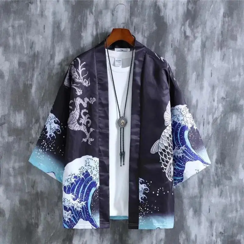 Men Japanese Kimono Wave Carp 3D Print Pattern Coat Green Traditional Haori Cardigan Japan Black Beach Clothing Women's Fashion