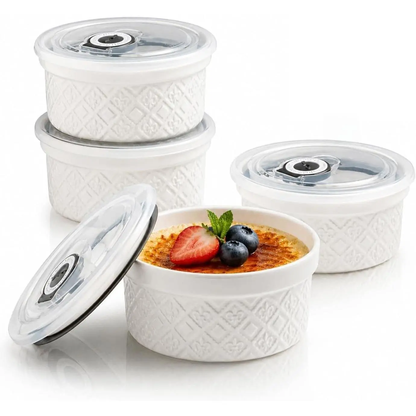 12 oz Ramekins Oven Safe, Ceramic Creme Brulee Ramekins with Lids | Ceramic Creme Brulee Ramekins Souffle Dishes, Mini Baking Bowls with Cover Set of 4, Ramekin Microwave & Dishwasher Safe
