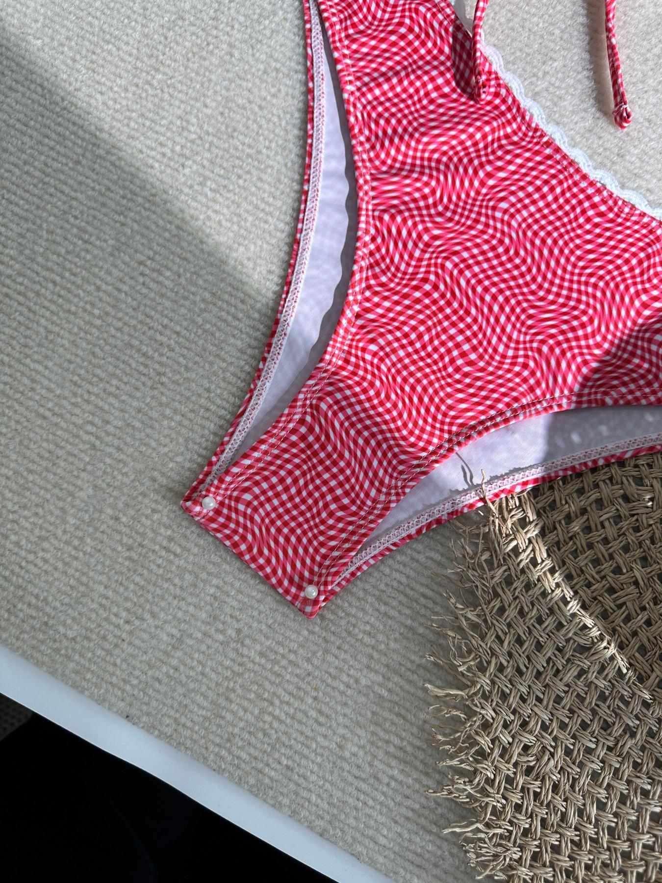 2026 New Retro Red Gingham Bandeau Bikini, Lace Trim Tie Front Convertible Strap Two Piece Swimsuit, High Cut Summer Beach Vacation Swimwear
