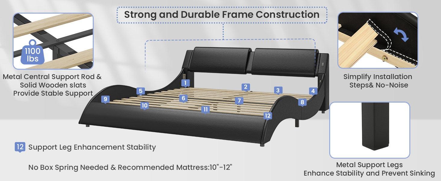 Sikaic Wave Like Curve LED Lighting Bed Frame With Charging Ports And Headboard Black Upholstered Platform Bedframe