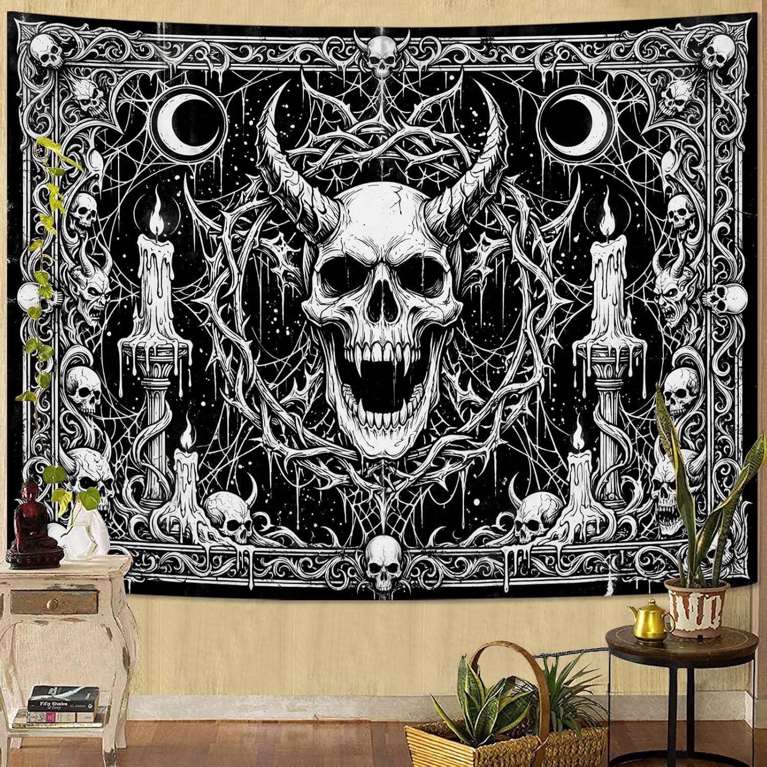 A Gothic mysterious skull tapestry, black and white moon snake wall tapestry, bedroom, dormitory, living room decoration