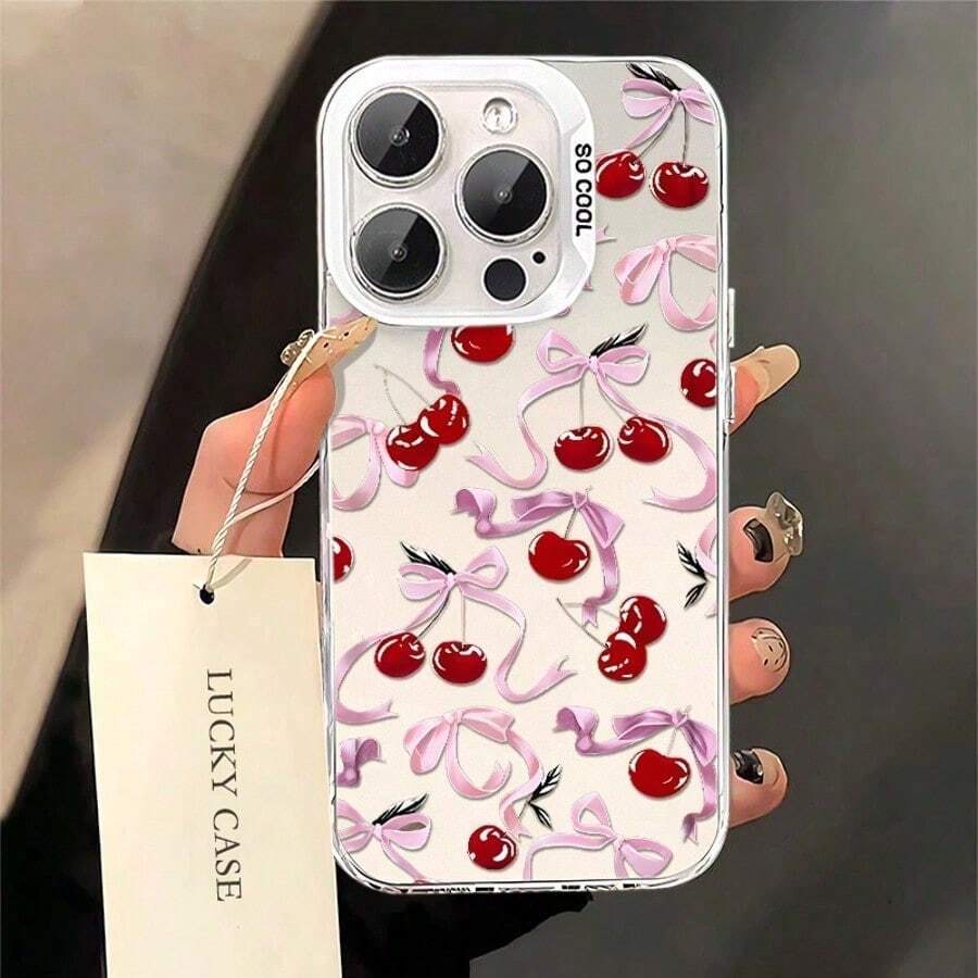 1pc Full Screen Pink Bow Red Cherry Compatible For Phone17/16/15/14/13/12/11/8/ 7ProMax/Pro/Plus/Xs Max/XS/X,For Compatible With Colored Simple  Fall Prevention Anti-Shock, Anti-Slip, Anti Drop, Camera Lens Protection, Silicone Anti Wear Phone Case ﻿