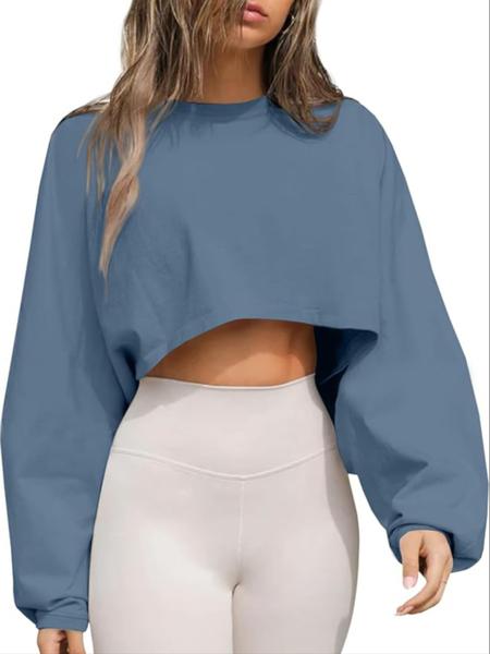 Women's Long Sleeve Round Neck Crop Top T-Shirt, Casual Solid Color Loose Pullover Sweatshirt, Perfect for Sports & Daily Wear, Casual Sporty Top