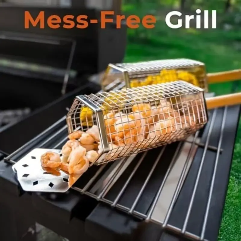 304 stainless steel barbecue cage outdoor camping smoker cage portable charcoal grill rotating rolling barbecue rack