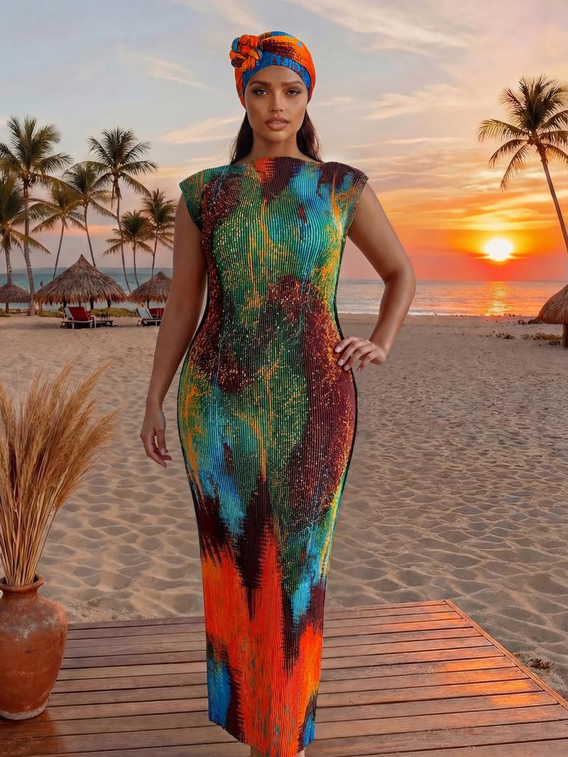 Women's Elegant Animal Print Long Dress Set, Slim-Fitting Moo Moo Skirt & Scarf, Beach Sun Protection Shawl, All Seasons Fashion