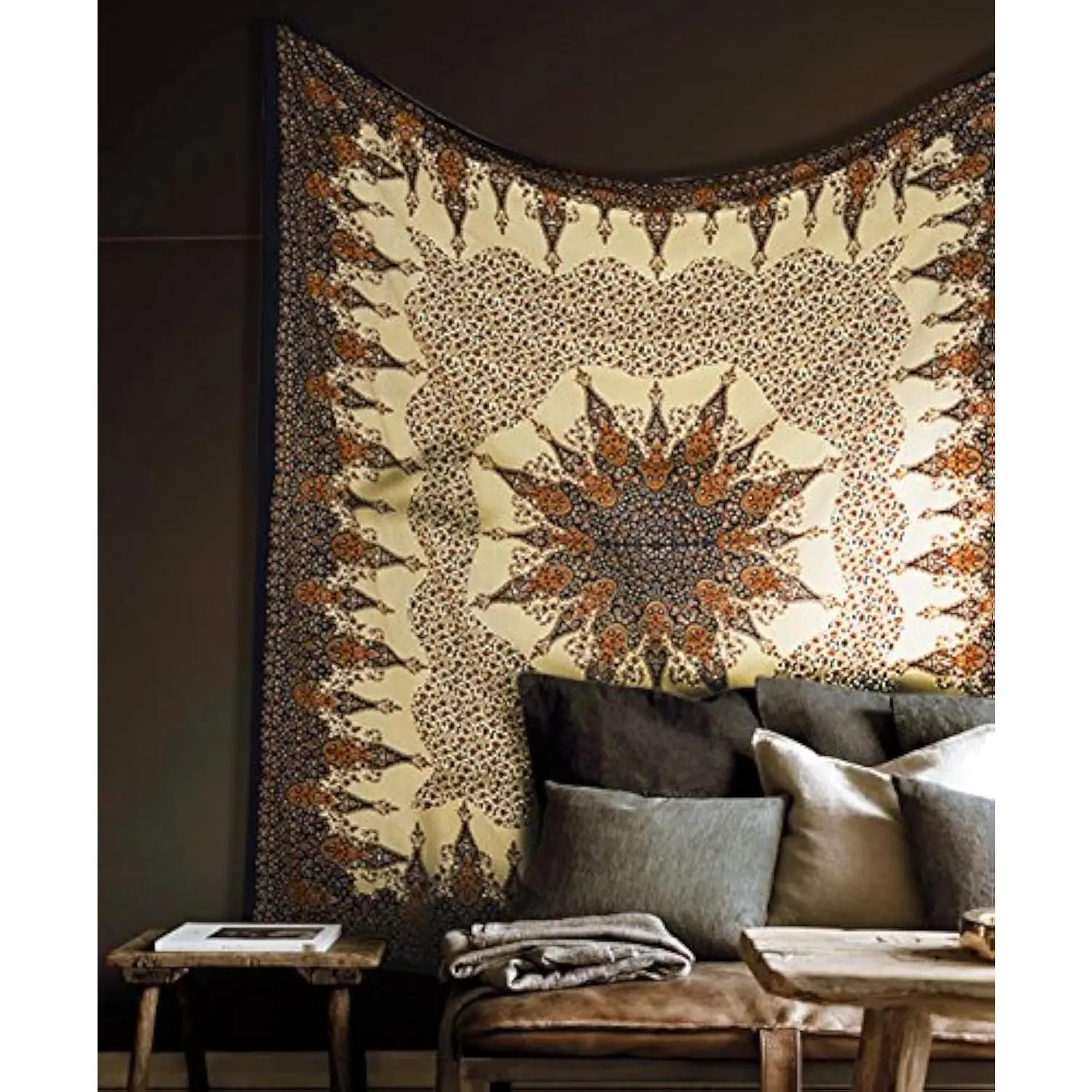 Popular Handicrafts Tapestry Wall Hanging Hippie Mandala Bohemian Hippy Intricate Geometric Floral Design Indian Tapestries Bedspread 84x90 Inches Brown Black
