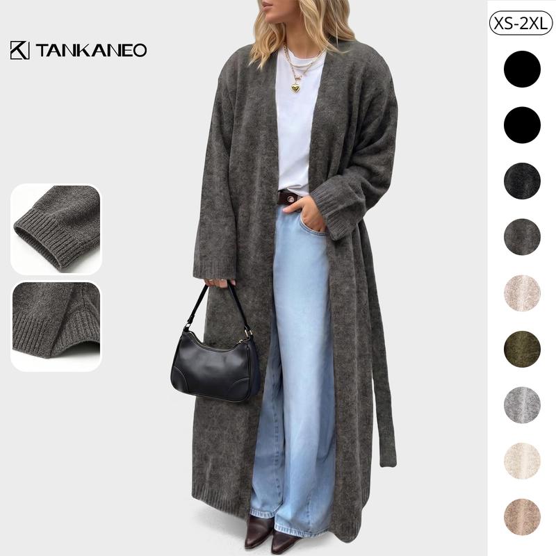 TANKANEO Womens Soft Knit Long Cardigan Sweater, Oversized Open Front with Self Belt Loose Casual Autumn Layering Coat