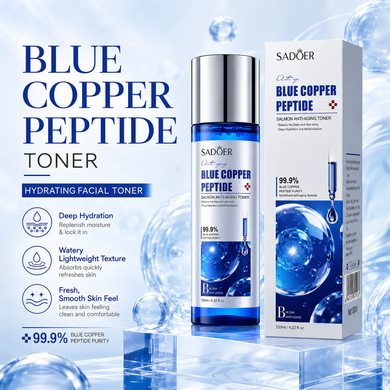 GHK-Cu Copper Peptide Facial Toner, Hydrating Facial Skin Prep with Watery Lightweight Texture, Non-Sticky Fast-Absorbing Finish, Moisture Care for Fresh and Smoother-Looking Skin,  Balancing pH hydrate skincare