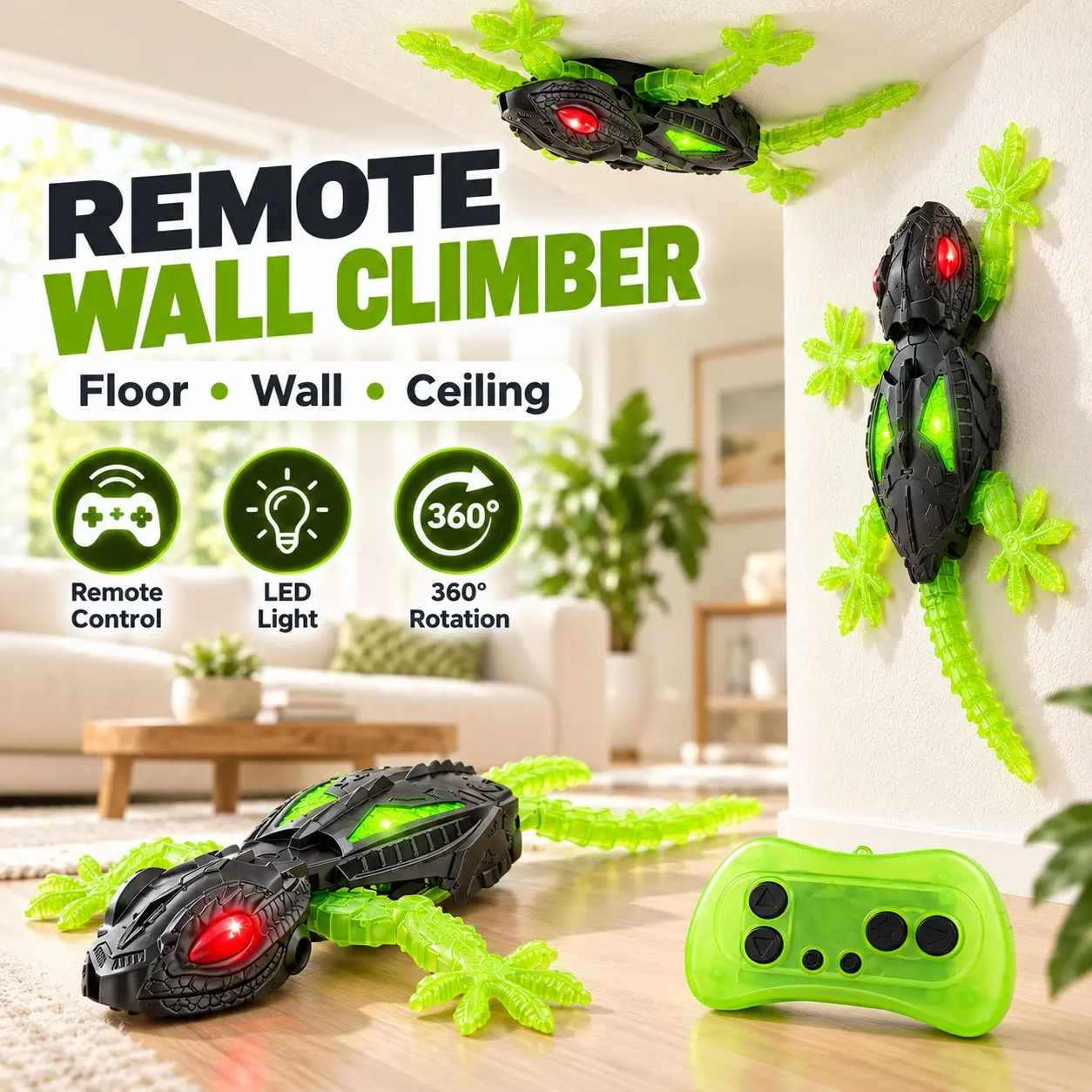 RC Wall Climbing Lizard Toy, Plastic Gecko Crawler with LED Light Eyes, Bionic Reptile, Flexible Movement, Kids Gift