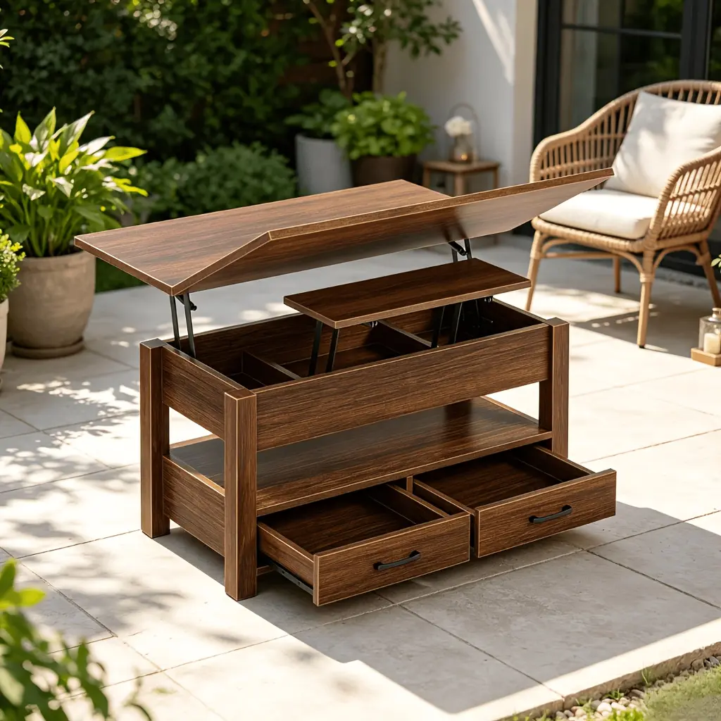 Height Adjustable Garden Coffee Table, Lift Top Convertible Table with Drawers and Hidden Compartment, Multi Function Coffee Table Converts to Dining Table