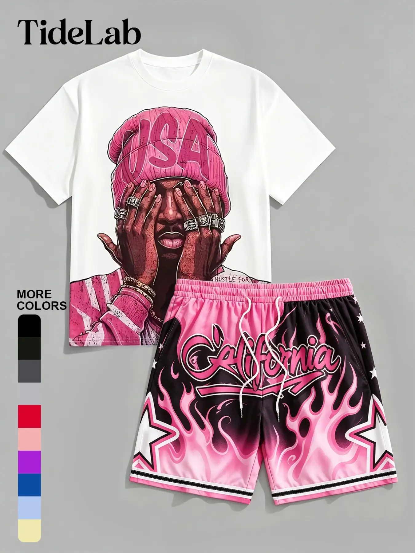 Men's Streetwear Hip-Hop Print T-Shirt + Loose Drawstring Shorts Set, Summer Casual Sportswear, Breathable and Comfortable