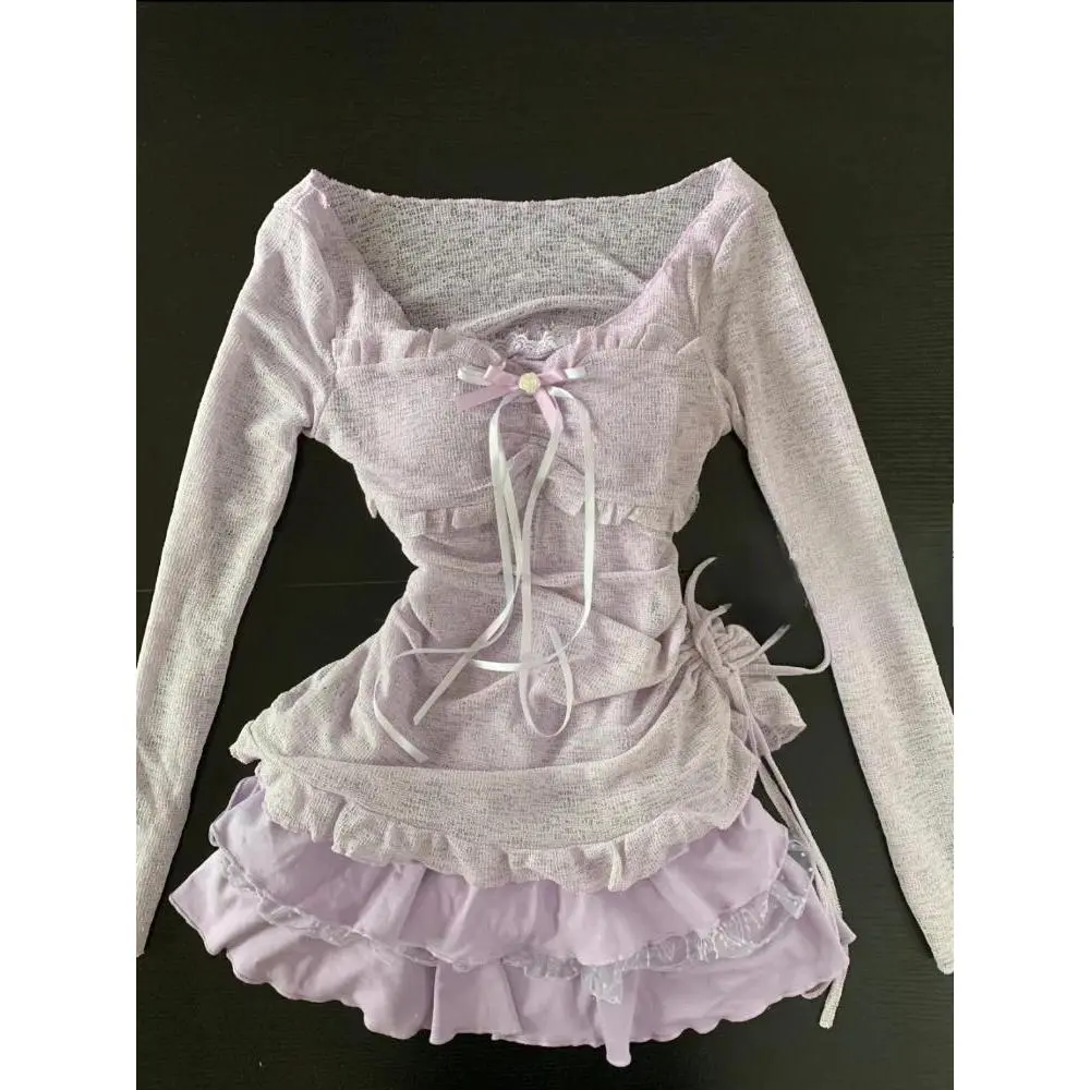 2025 Spring New Women Sets Vintage Elegant Fairy Ruffle Lace Chiffon Design Mini Skirt Suit Female Korean Fashion Chic Outfits