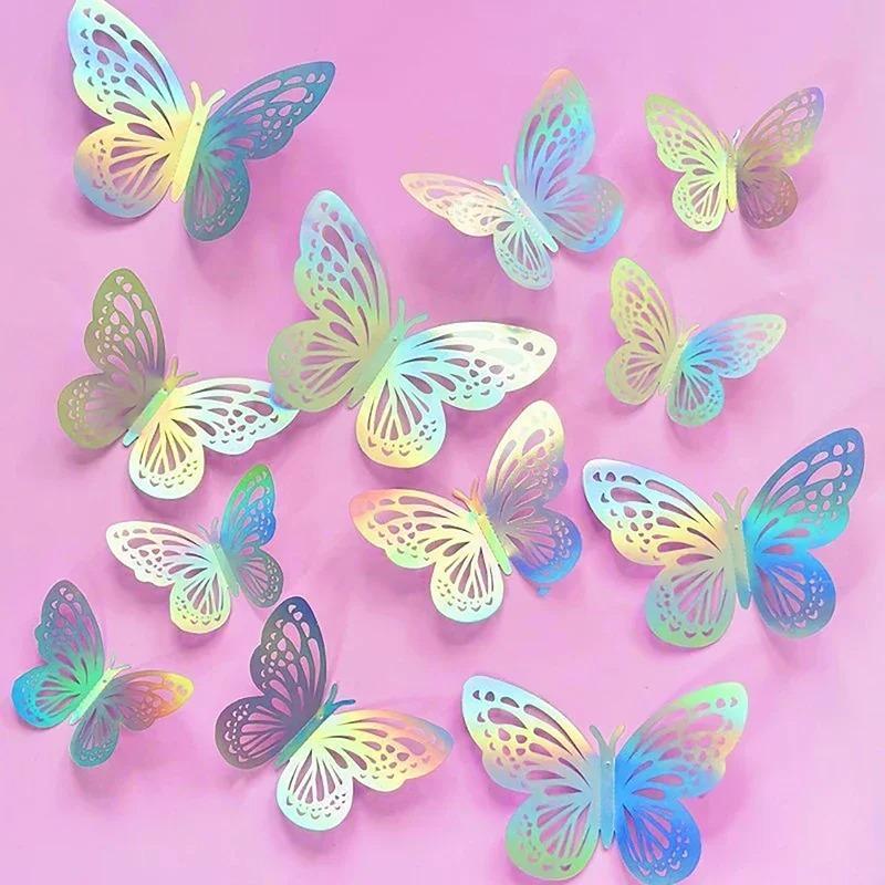 12pcs/set Folding Rose Gold Butterfly Cake Toppers Illusion Butterflies Holiday Party Decoration Supplies