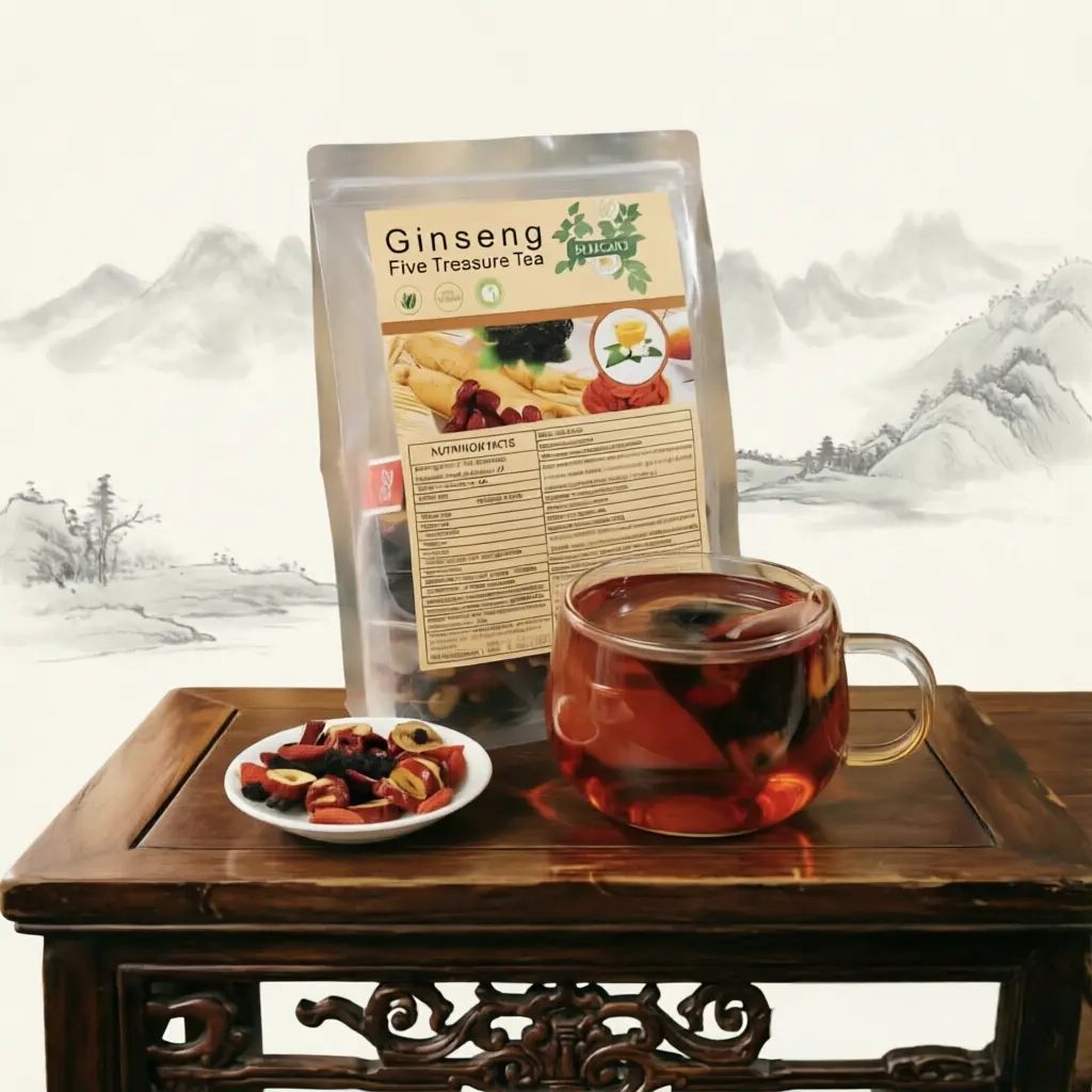 Ginseng 5 Treasures Herbal Tea, 30 Individually Wrapped Sachets, Natural Caffeine-Free Plant Blend with Maca, Wolfberry & Jujube, Adult Daily Wellness Hydration Drink, No Artificial Flavors