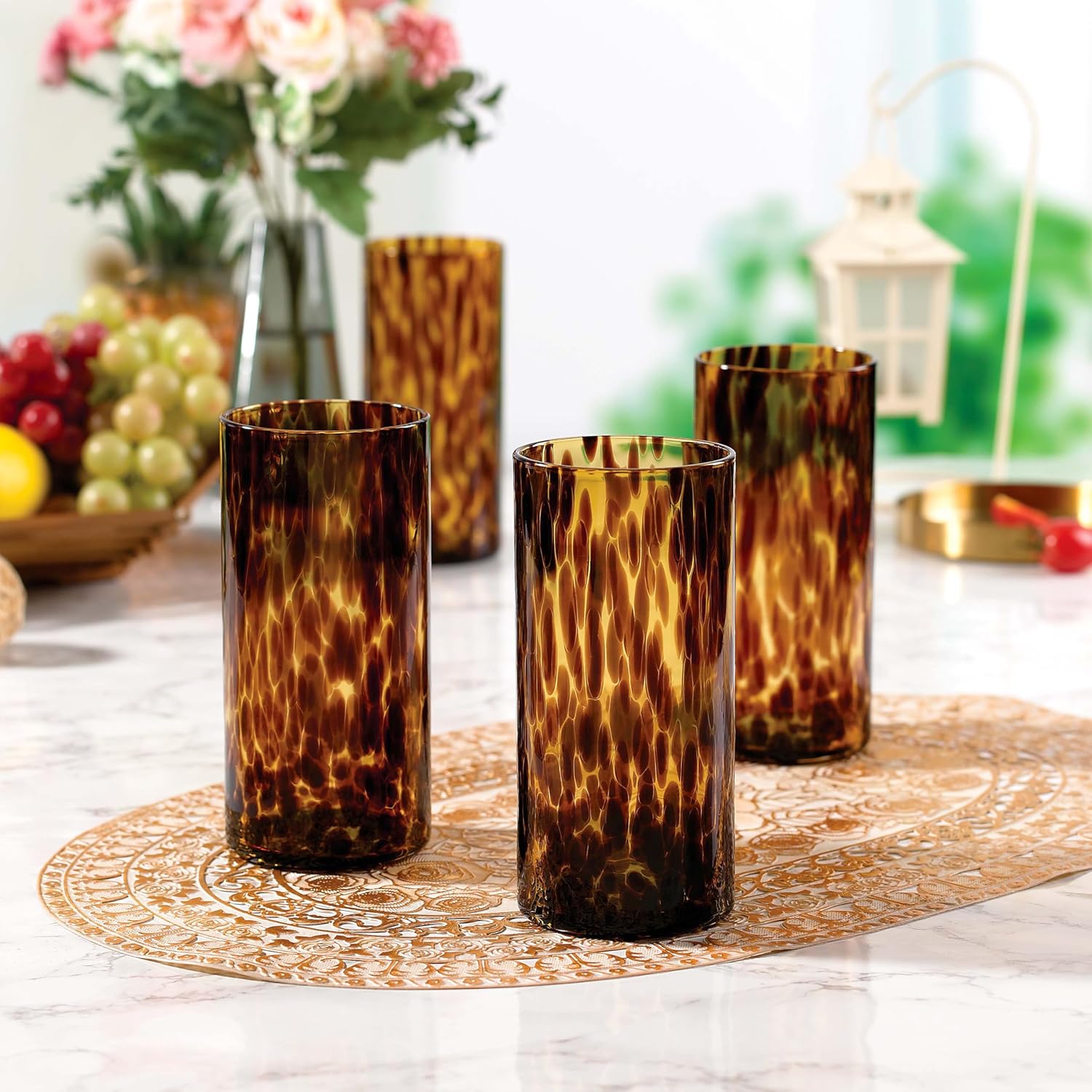 Collection Tortoise Shell Highball Glass Set of 4 – 14.54 oz Borosilicate Cocktail & Water Glasses – Durable, Lead-Free, Dishwasher Safe – Elegant Gift Packaging
