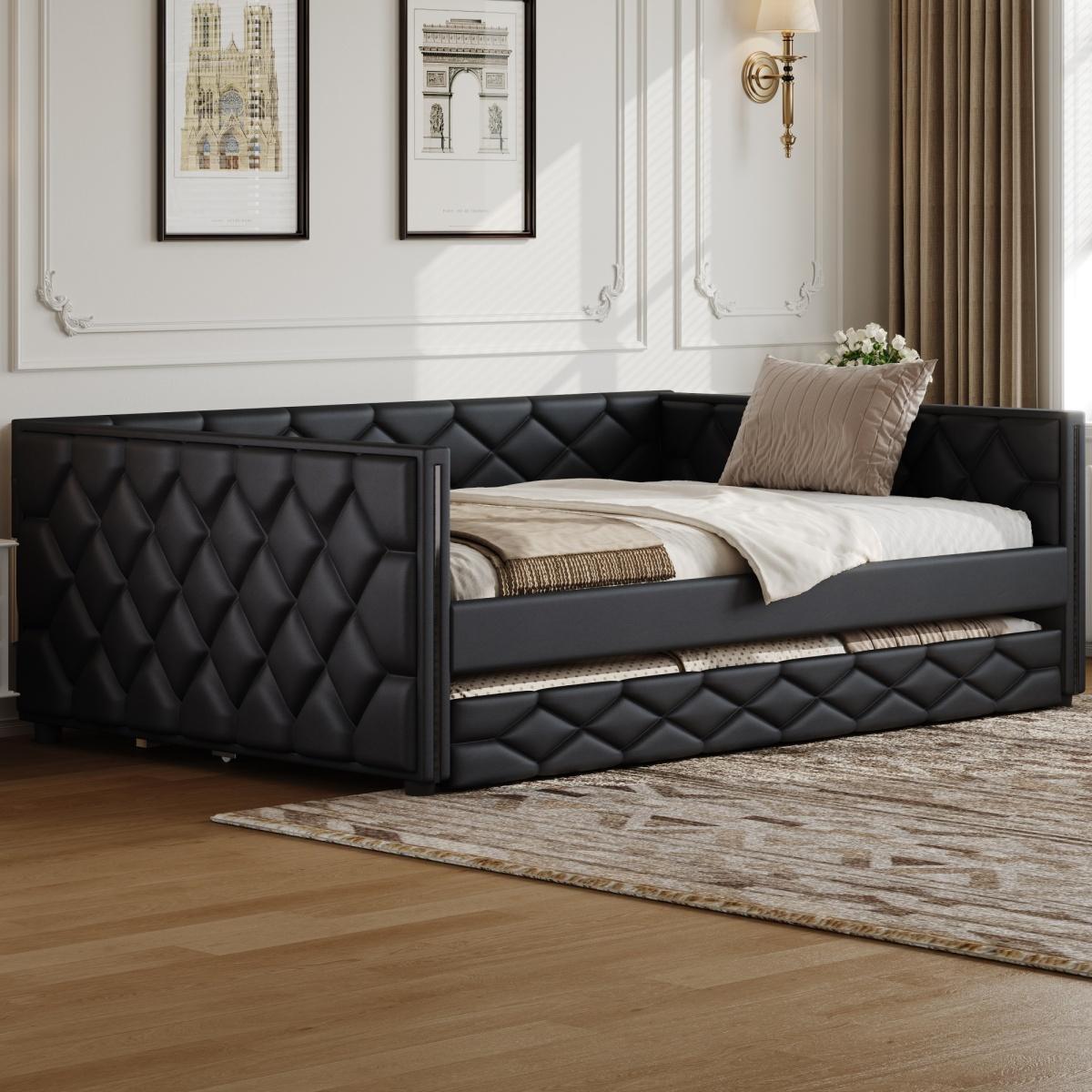 PU Leather Upholstered Daybed with Pull Out Trundle Bed, LED Light Armrests, Multi-Functional Sofa Bed, Solid Wood Frame for Guest Room